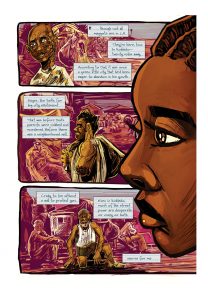 Image: A page from "Parable of the Sower." There are three horizontal panels featuring a disfigured person in front of a refugee camp-like background. The text bubbles are the words of a young person explaining the dangers of living outside a walled city. On the right side of the page is the profile of a young, black person’s face. Words by Damian Duffy, art by John Jennings. Image courtesy of Damian Duffy.