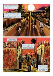 Image: A page from "Parable of the Sower." The page features two horizontal panels. The top panel shows a group of people bicycling down a street. The bottom panel shows the group of bicyclers passing through the gate of a fortified wall. Words by Damain Duffy, art by John Jennings. Image courtesy of Damian Duffy.