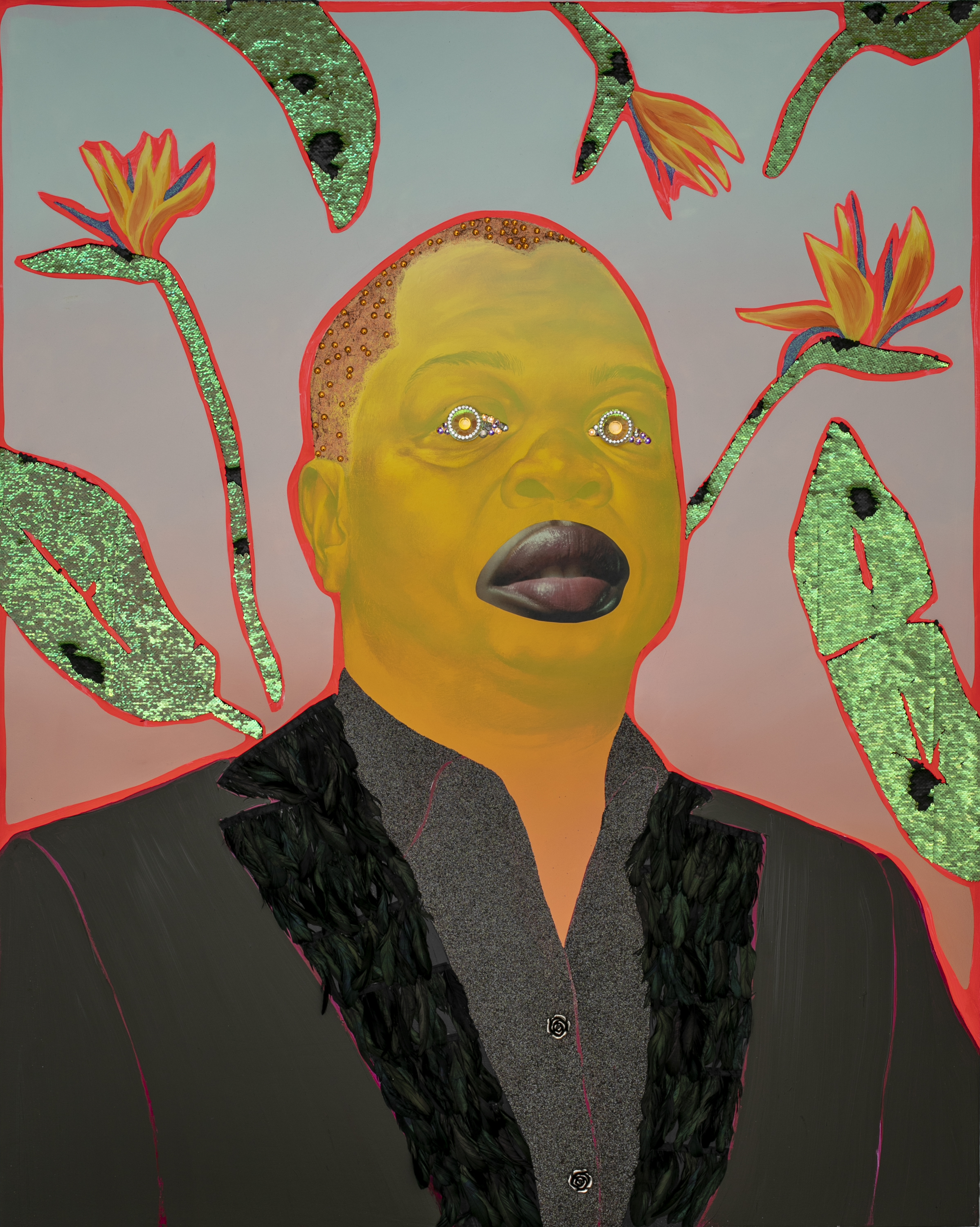 Image: Devan Shimoyama, “Kehinde,” 2018. Portrait of artist Kehinde Wiley. A single male figure is pictured from the chest up. The face is painted yellow, and he wears a black shirt and jacket. In the place of the eyes are colorful, glittery jewels. Behind him are seven leaves and flowers on a background that fades from red at the bottom to blue at the top. Image courtesy of the Smithsonian Institution Traveling Exhibition Service and the artist.