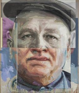 Image: Patrick Earl Hammie, “Romare Bearden,” 2018. Portrait of Romare Bearden. A single male figure is pictured from the neck up. The top of the face appears older, and the bottom of the face appears younger. The man looks out at the viewer. He wears a newsboy cap. Image courtesy of the Smithsonian Institution Traveling Exhibition Service and the artist.
