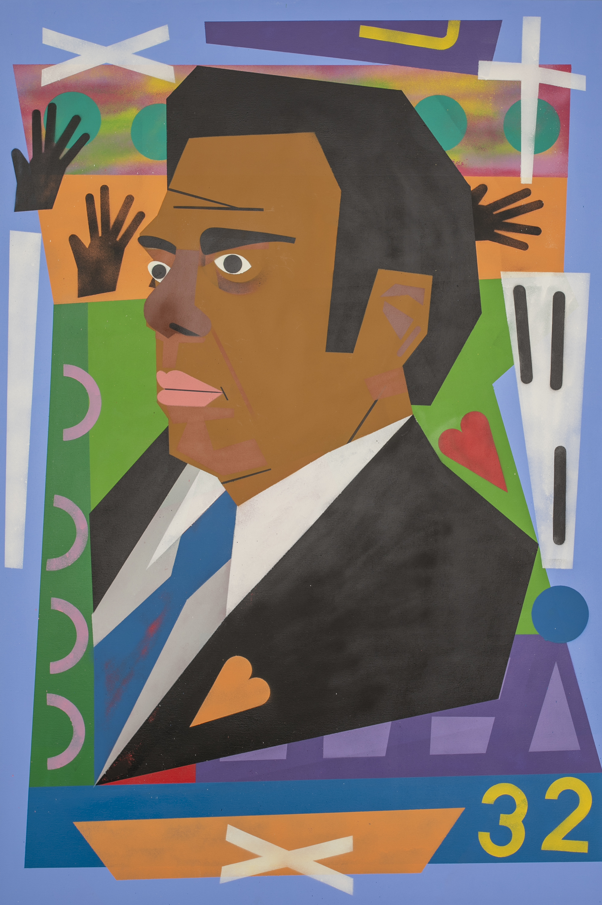 Image: Nina Chanel Abney, “Untitled,” 2018. A portrait of politician Andrew Young. Young is pictured in three-quarters view looking to the left. He wears a black suit and bright blue tie. An orange heart is on the lapel. He is surrounded by brightly colored flat shapes, including hands, a cross, a heart, and the number 32. Image courtesy of the Smithsonian Institution Traveling Exhibition Service, the artist and Jack Shainman Gallery, New York.