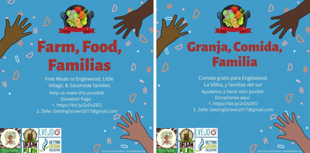 Images: Promotional images for “Farm, Food, Familias” (English, left) and “Granja, Comida, Familia” (Spanish, right). In both versions, the initiative’s name appears in red over a blue background, with three hands, each a different shade of brown, reaching in towards the center. At the top is an illustration of fresh produce on a plate, and in the bottom left-hand corner are logos for Fresher Together, Urban Pilón, LVEJO, and Getting Grown Collective. The text (English) reads: “Free Meals to Englewood, Little Village, & Southside families. Help us make this possible. Donation Page: 1. https://bit.ly/2xDsZEO 2. Zelle: GettingGrown2017@gmail.com. For more information: climate@lvejo.org.” The text (Spanish) reads: “Comida gratis para Englewood, La Villita, y familias del sur. Ayudanos a hacer esto posible. Donaciones aquí: 1. https://bit.ly/2xDsZEO 2. Zelle: GettingGrown2017@gmail.com. Para más información: climate@lvejo.org.” Courtesy of LVEJO. Image by Sergio Ruiz, LVEJO Food Justice Organizer.