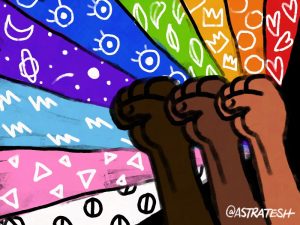 Image: Graphic created by Tesh Silver. Three fists are shown in the air, each from a person of color. A rainbow shines in the background with carious shapes in each color.