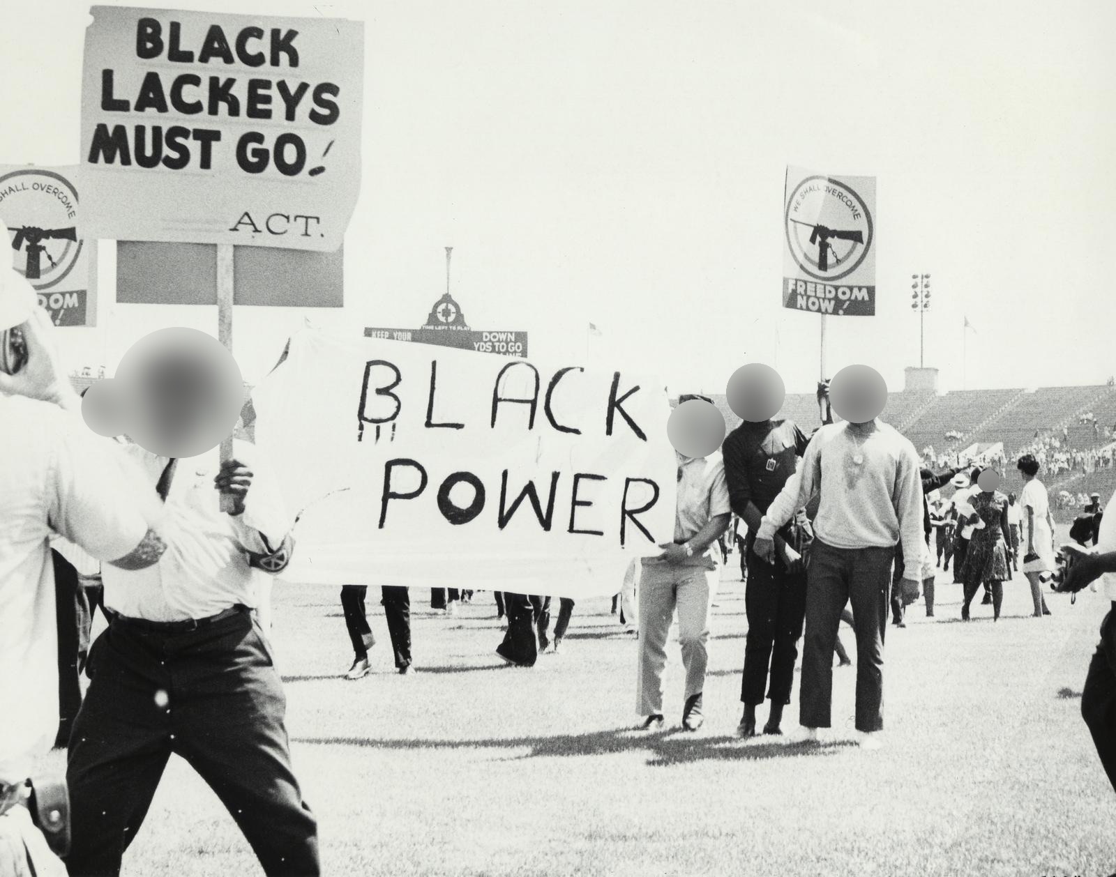 Example of blurring faces using Image Scrubber on a photo from the Black Power movement at the Chicago Freedom Movement Rally, Soldier Field (Freedom Sunday), July 10, 1966. Source: University of Illinois at Chicago Library.