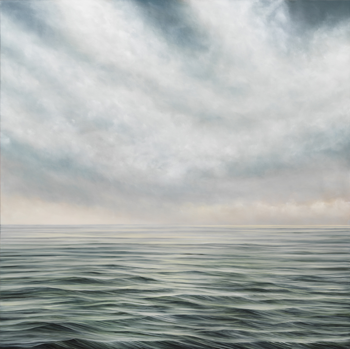 Image: As It Is #624, oil on panel, 48” x 48”, 2020. The square painting looks out into the green and blue body of water. The waves are a bit choppy. As the viewer looks further out into the horizon, it turns into a pale blue. The sky above the water is a light blue with heavy clouds. Photo by Tom Van Eynde.