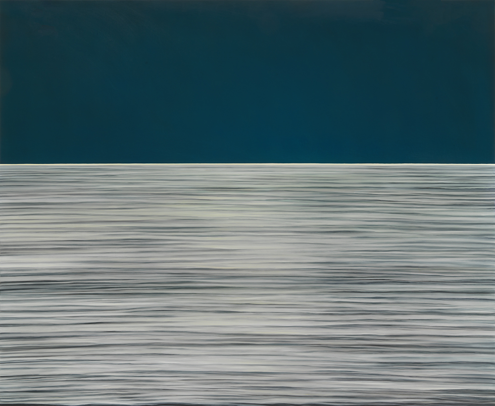 Image: Moon Translation #635, oil on panel, 55” x 67”, 2020. The lower half of the image is a grey hue with harsh, flat lines that are darker, almost black. Above the water is a flat color with no detail. It's a dark blue. Photo by Tom Van Eynde.