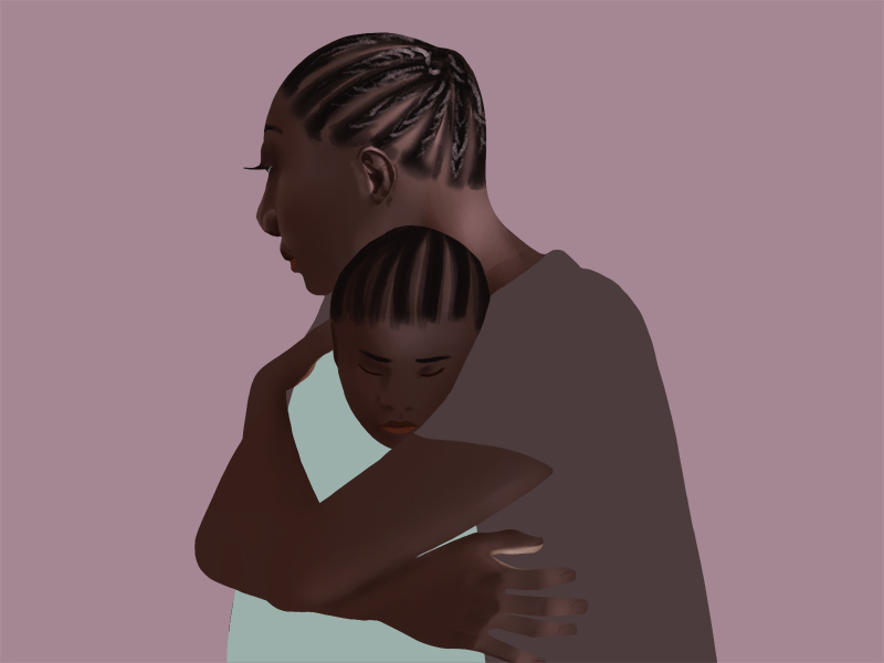 Featured Image: A digital illustration by Kiki Dupont that shows two figures embracing, a mother and child, against a solid dark rose background. The mother figure faces away from the viewer as the child presses into the mother's chest, eyes closed and facing the viewer.