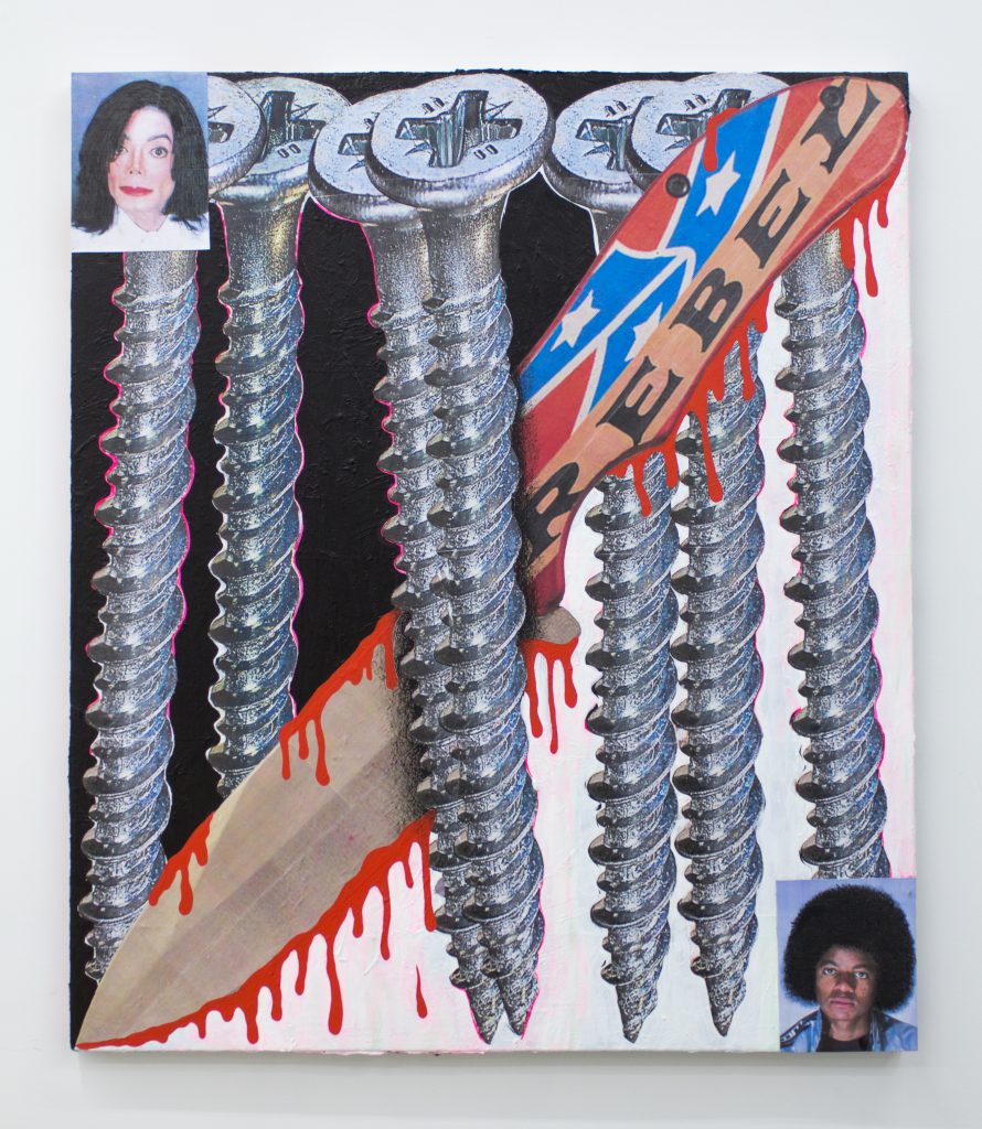 Image: Man In The Mirror, 2020, by Cameron Spratley, acrylic, gouache, cut paper, collage, and china marker on canvas, 42 x 36". The painting portrays a grouping of large screws with a bloody knife that that has part of the confederate flag and the word 'rebel' on it. The top left and the bottom right corner each have a small image of Michael Jackson: one young and black, the other older and white. Image courtesy of M. LeBlanc.