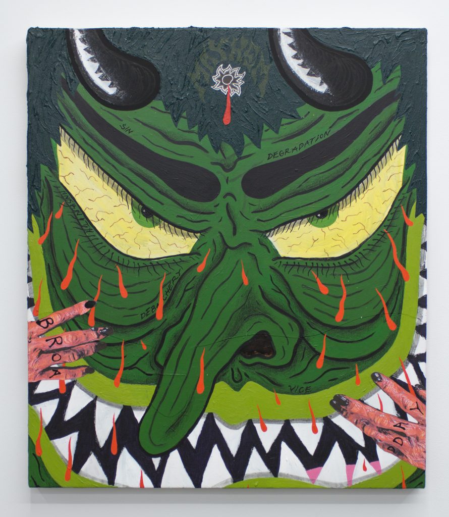 Image: Mayhem, 2020 by Cameron Spratley, acrylic, gouache, ink, molding paste, spray paint, cut paper, collage, vinyl, colored pencil, and china marker on canvas 30 x 26". The painting shows a green-colored face referencing a Japanese mask with a hand holding the face from the bottom and the left side of the composition. There is a bleeding bullet wound on the forehead. Image courtesy of M. LeBlanc. 