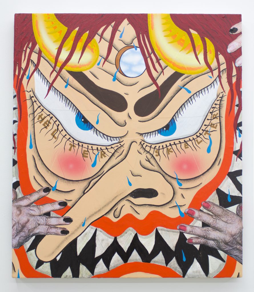 Image: Once Upon A Time, 2020 by Cameron Spratley, acrylic, oil, gouache, airbrush, cut paper, collage, colored pencil, and china marker on canvas, 30 x 26". The painting shows a peach-colored face referencing a Japanese mask with a hand on each side of the face. There is a empty hole going through the forehead. Image courtesy of M. LeBlanc. 