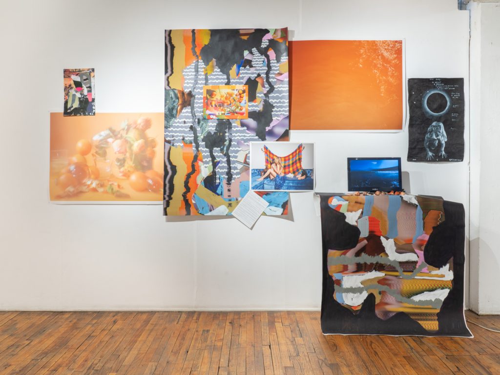 Image: Installation view of a section of the exhibition From a Strange Place at Heaven Gallery. The work includes photographic work by Marzena Abrahamik, dominated by tones of orange. Image courtesy of the artist.