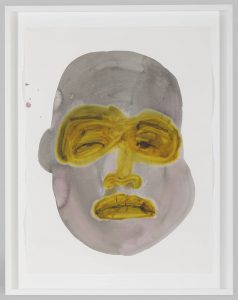 Image: Work by February James. Cluttered Contradictions, 2020, 30 x 22 inches. Watercolor and ink on paper. An expressive watercolor portrait is depicted in gray and pink hues. The eyes, nose, and lips of the face are mustard yellow. The portrait is exuding an unconvinced expression. Image courtesy of the artist and Monique Meloche Gallery.