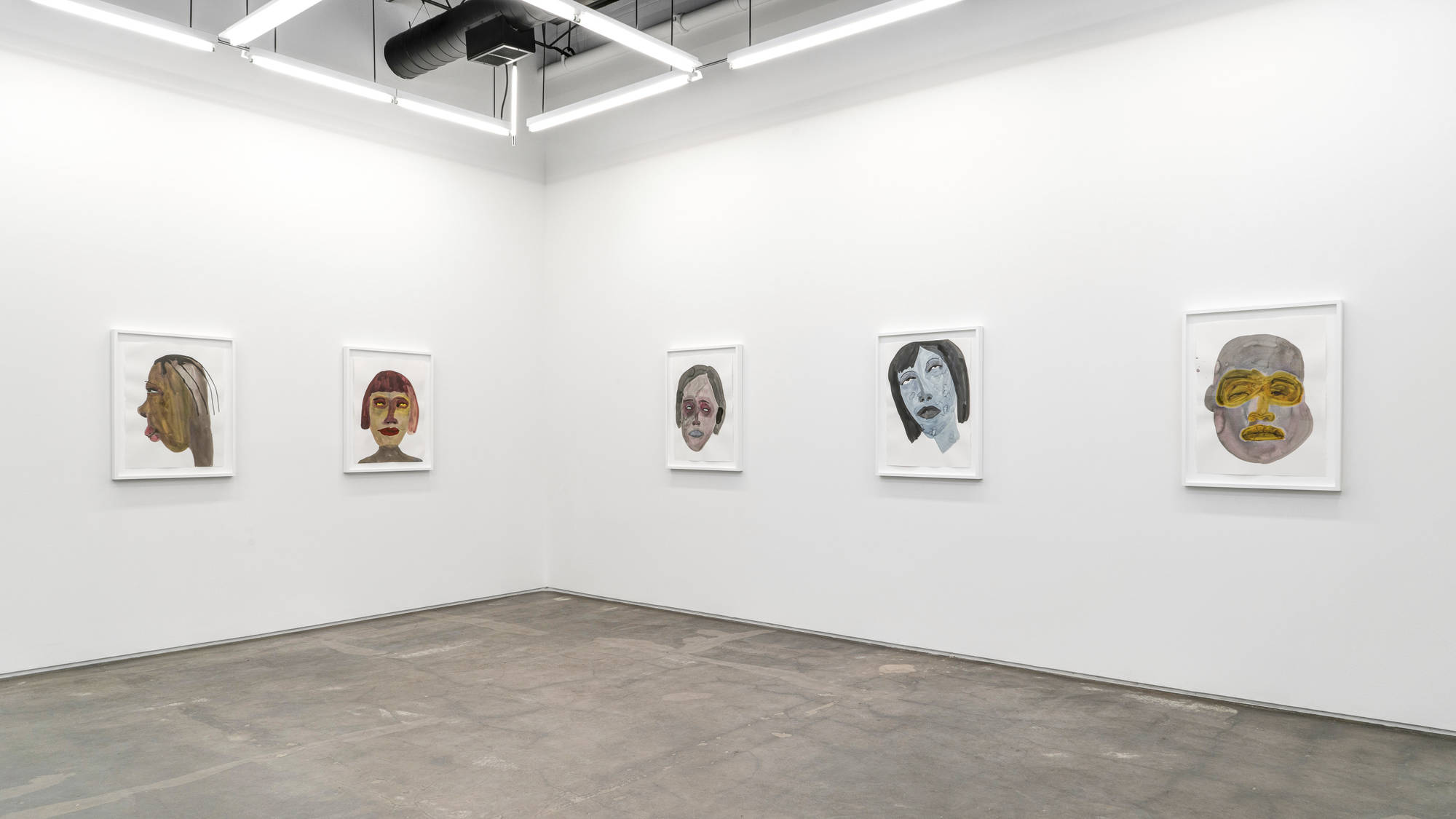 Featured Image: Work by February James. We Laugh Loud So The Spirits Can Hear, 2020. Installation view. Five highly expressive, framed watercolor portraits hang in the gallery. Image Courtesy of the artist and Monique Meloche Gallery.