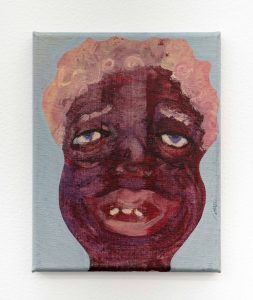Image: Work by February James. Tethered To You #1, 2020, 10 x 8 inches. Oil on canvas. The portrait of a figure with deep brown and purple skin-tones is complimented by short, curly cotton-candy pink colored hair. Their eyes and mouth are partially open, revealing three teeth through a partial smile and an expression of longing. Image courtesy of the artist and Monique Meloche Gallery.