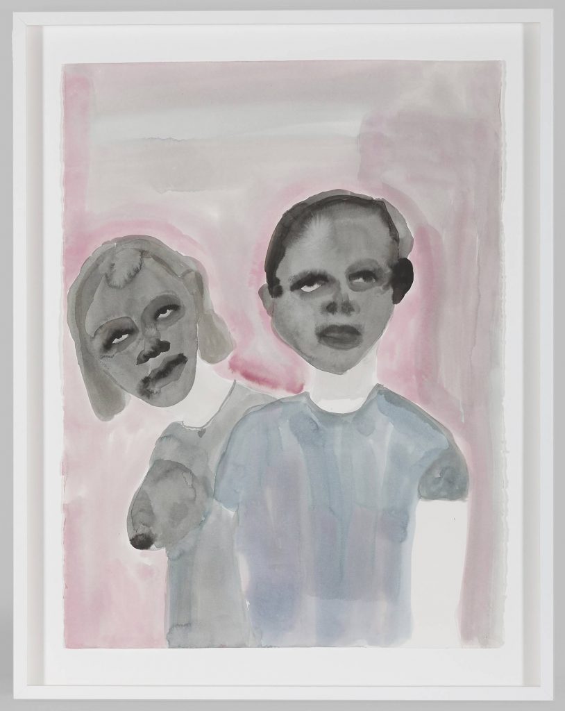 Image: It Takes More Than One Tool To Build A House by February James, 2020, 30 x 22" watercolor and ink on paper. The upper bodies of two ghostly figures are rendered in gray tones of watercolor. They sit atop a pink background. The female figure on the left peeks out from behind the male as they both gaze at the viewer. Image courtesy of the artist and Monique Meloche Gallery.