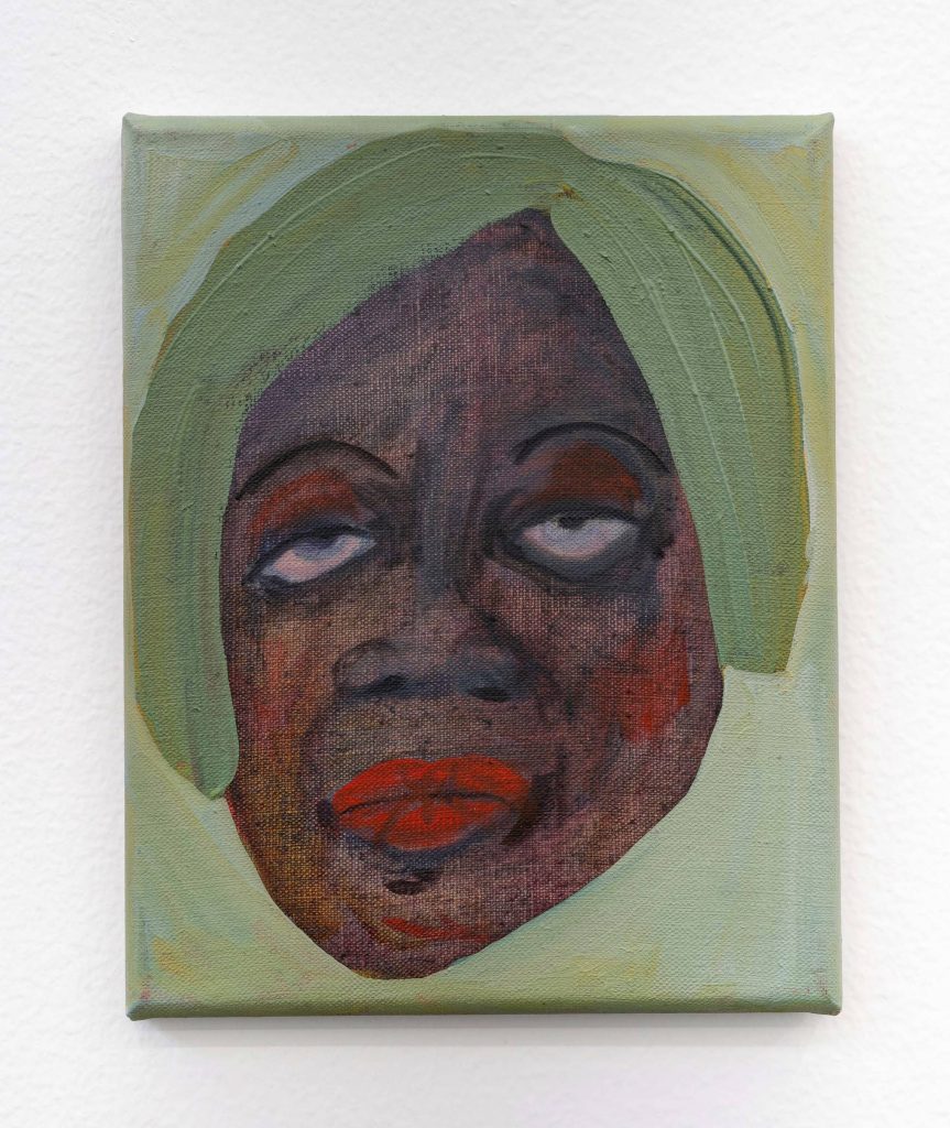 Image: Tethered To You #5 by February James,  2020, 10 x 8" oil on canvas. The face of a woman with a lethargic expression is painted in brown and purple colors. She has red-orange lips that match her eye shadow, thin eyebrows, and olive green hair. Image courtesy of the artist and Monique Meloche Gallery. 