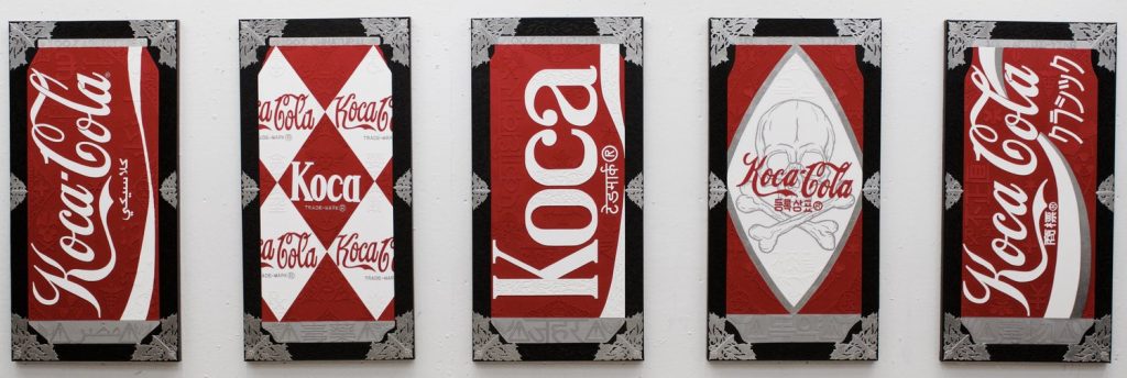 mage: “Classic Koca Cola Cans” by Kristoffer McAfee. A set of five mixed media paintings(acrylic paint, illustration board, and silver foil) on canvas, 24”x48” each. Image courtesy of the artist.