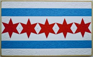 Image: “Chicago Flag” painting by Kristoffer McAfee, acrylic paint, illustration board, and gold foil on canvas, 36”x60”. Image courtesy of the artist.