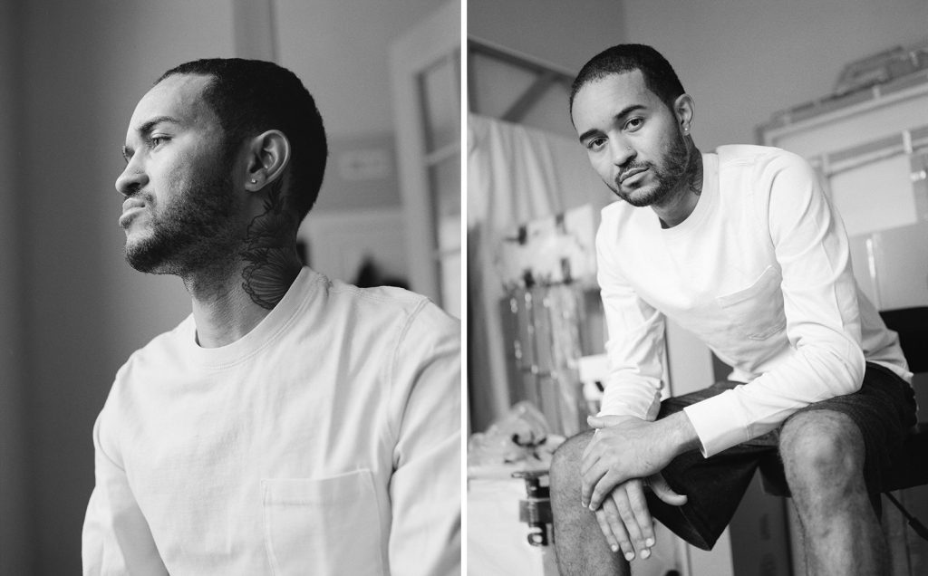 Images: Kristoffer McAfee in his Chicago apartment, shortly before leaving for Yale. “I never thought in a million years I would move to New Haven, so I’m ready for a new adventure.” The image on the left shows the artist looking towards the left, and the image on the right shows him sitting looking directly at the viewer. Both photos are black and white.  Photo by Kristie Kahns.