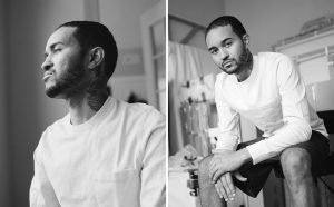 Images: Kristoffer McAfee in his Chicago apartment, shortly before leaving for Yale. “I never thought in a million years I would move to New Haven, so I’m ready for a new adventure.” The image on the left shows the artist looking towards the left, and the image on the right shows him sitting looking directly at the viewer. Both photos are black and white. Photo by Kristie Kahns.