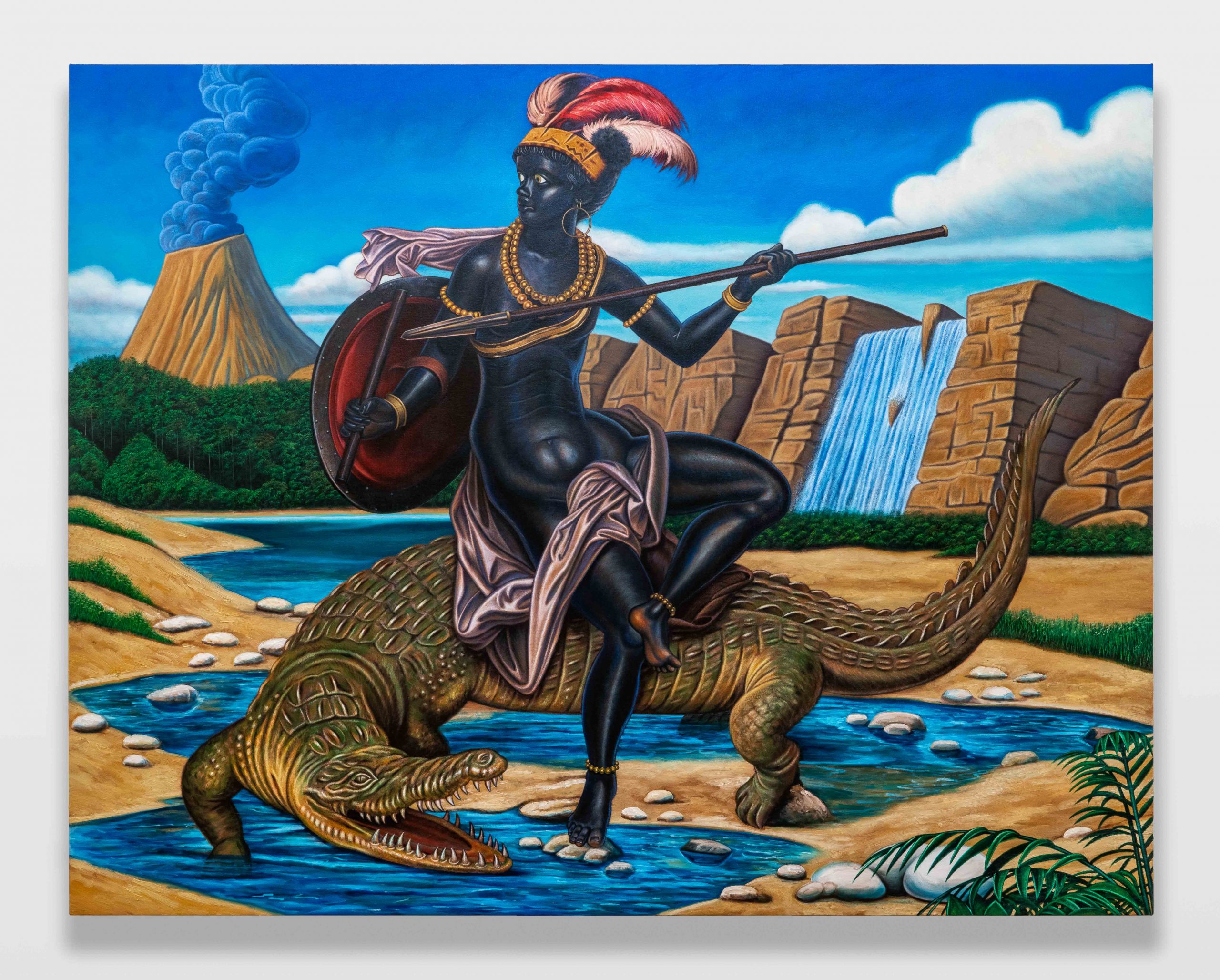 Kajahl Huntress In Oasis (Astride A Crocodile), 2020 oil on canvas 66 x 84 in. Courtesy of the artist and Monique Meloche Gallery, Chicago.