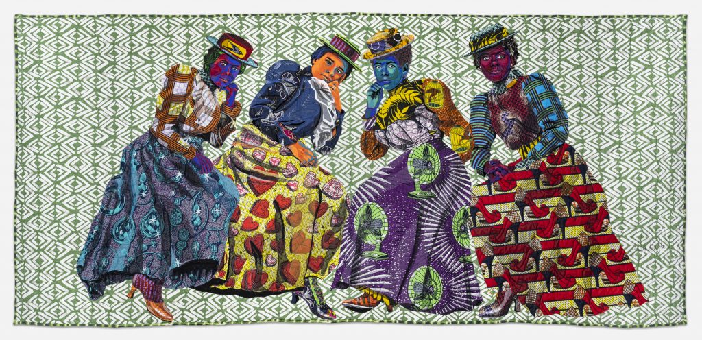 Image: Bisa Butler. I Know Why the Caged Bird Sings, 2019. Minneapolis Institute of Art; Promised gift on long-term loan from a private collection. © Bisa Butler. The textile piece portrays four women in brightly-colored patterns, all wearing hats and striking a pose. The background is a green and white pattern. Photo by Margaret Fox. Image courtesy of the Art Institute.