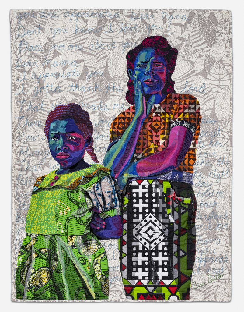 Image: Bisa Butler. Dear Mama, 2019. Collection of Scott and Cissy Wolfe. © Bisa Butler. The textile piece portrays a young girl and her mother against a gray-patterned background. Bright, colorful fabric make up both of the subjects. Across the background, blue thread spells out phrases like "Don't you know I love you." Photo by Margaret Fox. Image courtesy of the Art Institute.