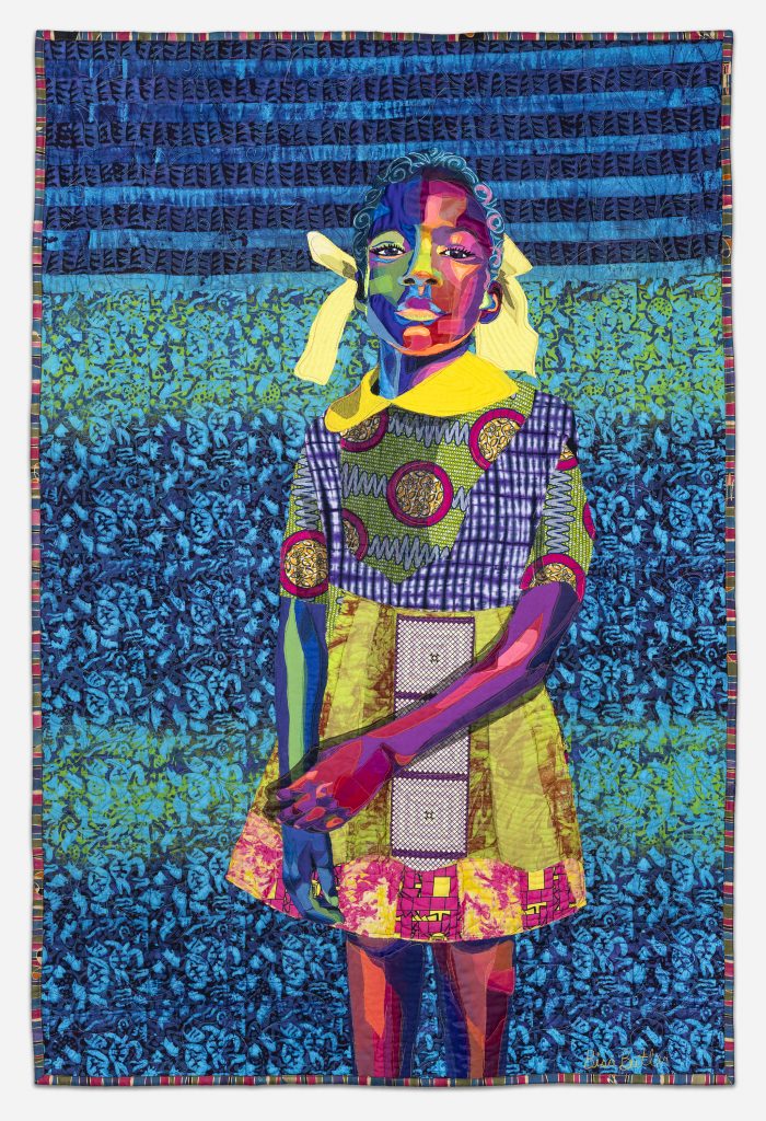 Image: Bisa Butler. The Princess, 2018. Collection of Bob and Jane Clark. © Bisa Butler. The textile piece portrays a young girl with various patterns and bright colors making up limbs, dress, face, and hair. The background is dominated by blue and turquoise. Photo by Margaret Fox. Image courtesy of the Art Institute.