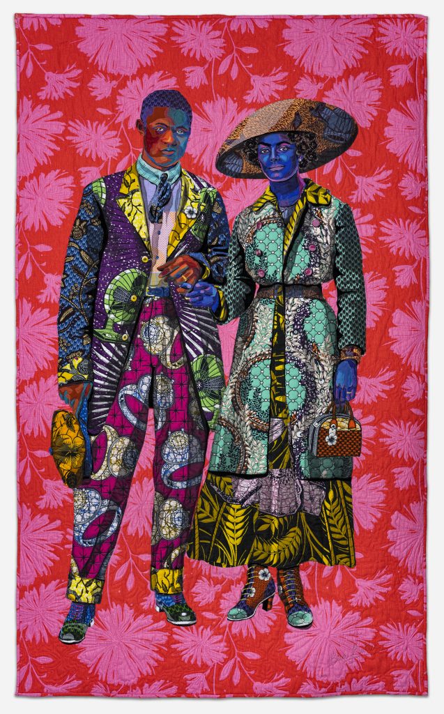 Image: Bisa Butler. Broom Jumpers, 2019. Mount Holyoke College Art Museum, Purchase with the Belle and Hy Baier Art Acquisition Fund. © Bisa Butler. The textile piece portrays a man and a woman standing arm-in-arm. Each are wearing brightly-colored clothing. They stand against a vivid, magenta and red background. Photo by Margaret Fox. Image courtesy of the Art Institute.