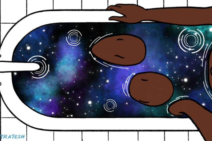 Image: A digital illustration of a person in a bathtub. The water is a galaxy. Image by Teshika Silver.