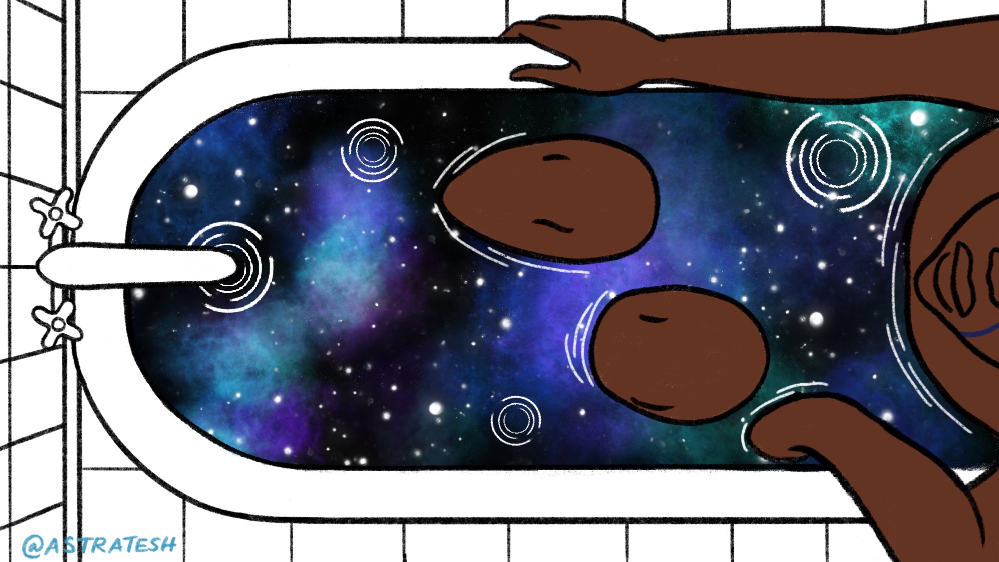 Image: A digital illustration of a person in a bathtub. The water is a galaxy. Image by Teshika Silver.