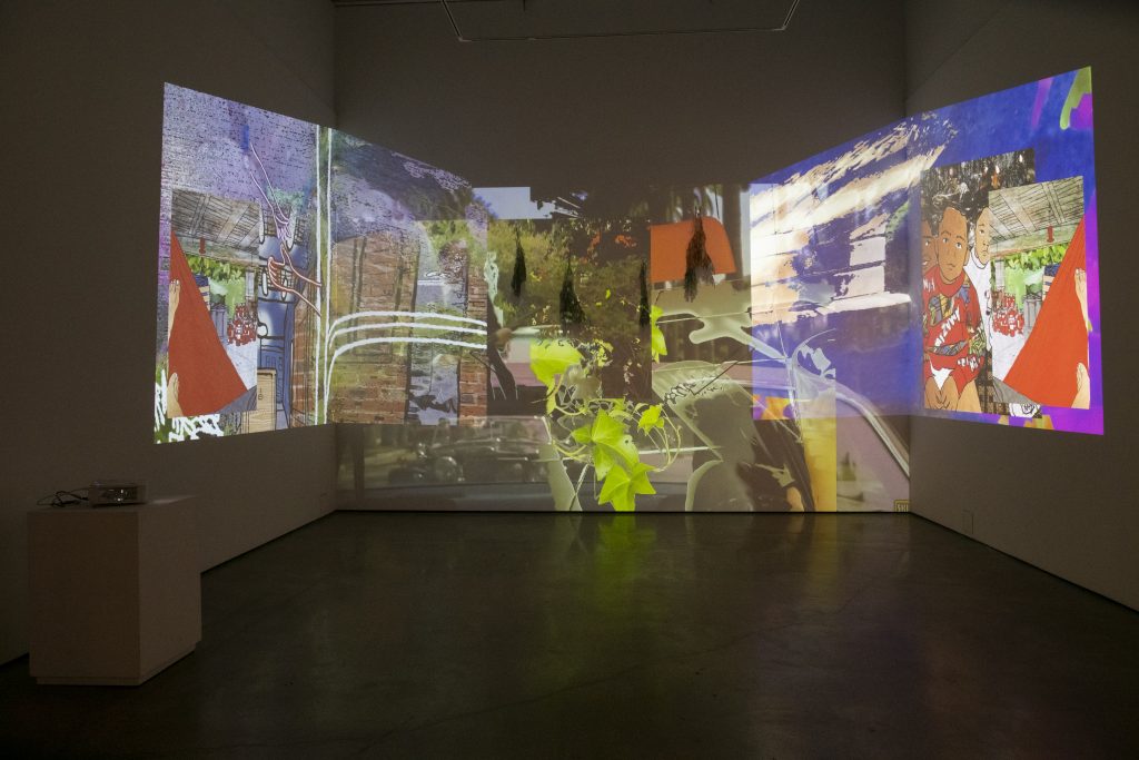 Image: Installation view of Drapetomania by Bobby T. Luck. The piece is comprised of multiple, overlapping projections. Image courtesy of the gallery. Photo by Ty Wright.