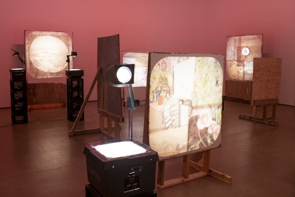 Image: A view of A Violent Unmaking by Calista Lyon. The piece is comprised of several old projectors projecting images onto screens. Image courtesy of the gallery. Photo by Ty Wright.