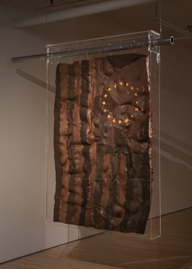 ﻿Doreen Garner, Betsey’s Flag, 2019. Silicone, glass beads, staples, plexiglass, steel pins, and urethane foam. Courtesy of JTT Gallery, New York.