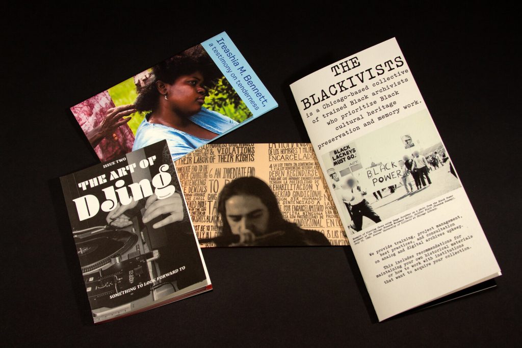 This image comprises of 4 printed zines. The titles showing are "The Art of DJing," Ireashia Bennett: A Testimonial on Tenderness," and "The Blackivists"