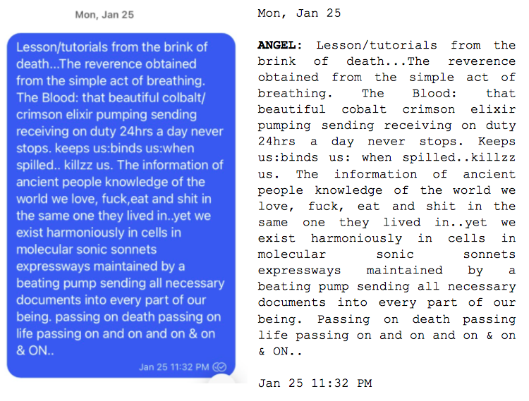 Image: Text messages between Angel and Dain. Angel: "Lesson/tutorials from the brink of death...The reverence obtained from the simple act of breathing. The Blood: that beautiful colbalt/crimson elixir pumping sending receiving on duty 24hrs a day never stops. keeps us:binds us:when spilled.. killzz us. The information of ancient people knowledge of the world we love, fuck, eat and shit in the same one they lived in..yet we exist harmoniously in cells in molecular sonic sonnets expressways maintained by a beating pump sending all necessary documents into every part of our being. passing on death passing on life passing on and on and on & on & ON..."