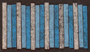 A collage illustration of turquoise and light grey stripes on a black background. Image created by Ryan Edmund Thiel.