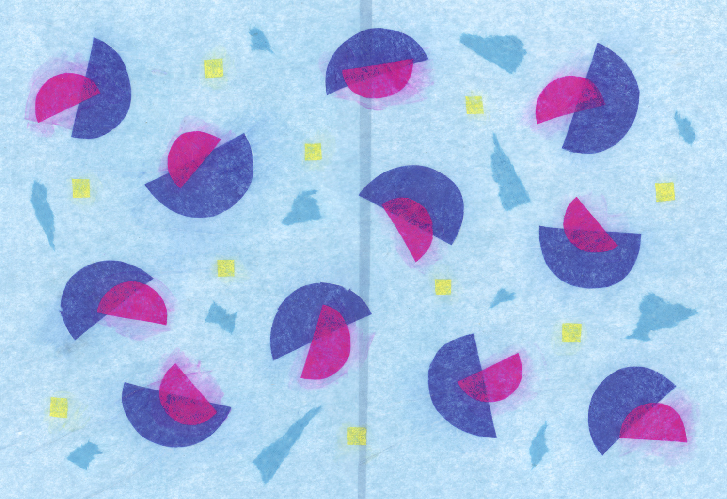 An abstract composition of shapes comprising of pink and blue half circles, yellow squares, and ripped blue paper on a light blue background.