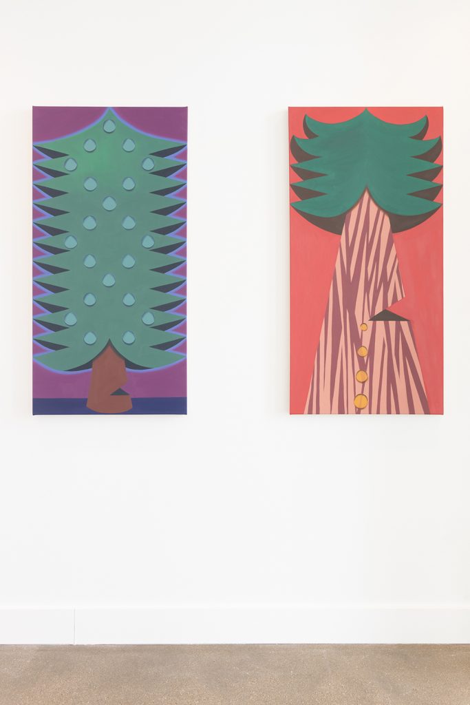 Image: Madeleine Leplae, installation view of Usual Objects. Left: Dewey Tree, 2020. Oil on canvas, 48 x 24 inches. Right: Sappy Tree, 2020. Oil on canvas, 48 x 24 inches. Image courtesy of the artist and Carrie Secrist Gallery.