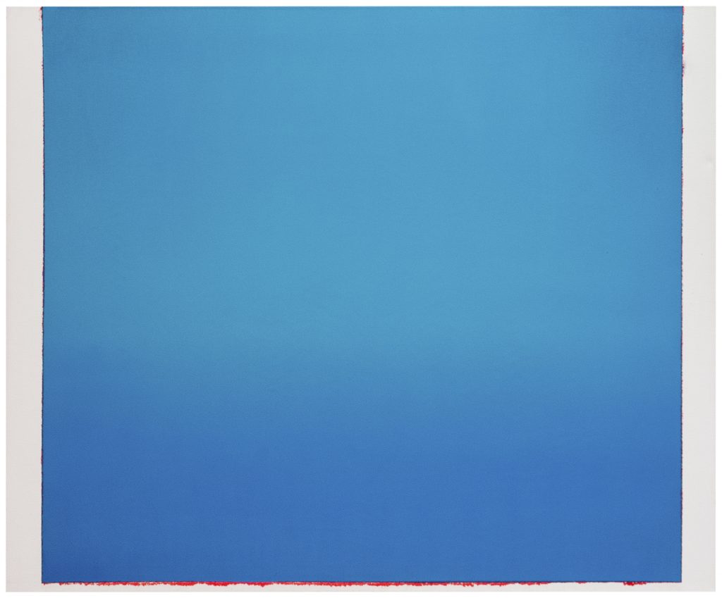 Image: Sergio Lucena, A clear feeling of Blue, 2020, oil on canvas, 55.2 x 67 in. A square canvas completely covered a light and medium blue hues. Image courtesy of Mariane Ibrahim Gallery and the artist.