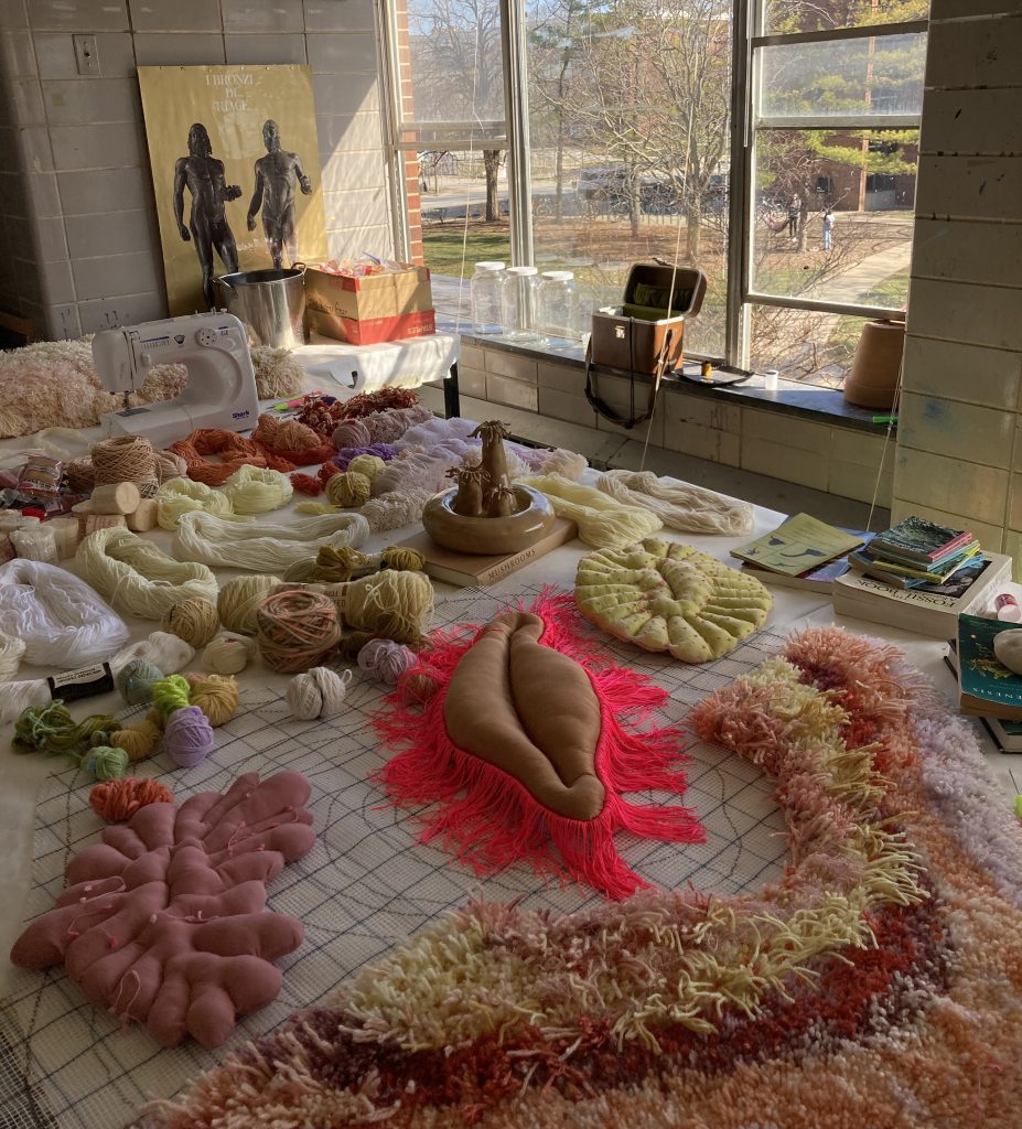 Image: A view of a table in Brendan O’Shaughnessy’s studio at the University of Illinois at Urbana-Champaign. On the table are a variety of mostly neutral- and warm-colored yarns. There are several fabric- and yarn-based soft sculptures on the table; they appear to be in progress. A sewing machine is on the left, and there are books on the right. Beyond the table is a wall of windows looking down to the sidewalk to the building. Photo courtesy of Brendan O’Shaughnessy.