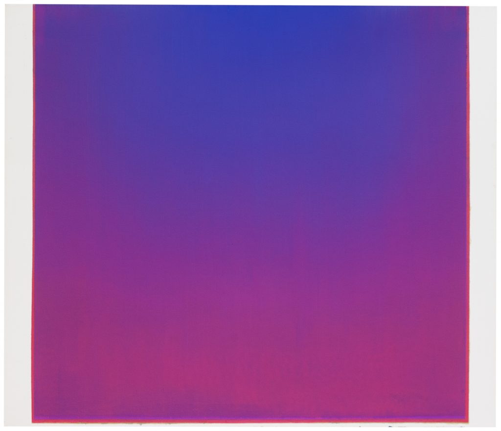 Image: Sergio Lucena, Between the Red and the Blue lives the mystery, 2020, oil on canvas, 47.3 x 55.2 in. A square canvas covered in blue and magenta hues. Image courtesy of Mariane Ibrahim Gallery and the artist.