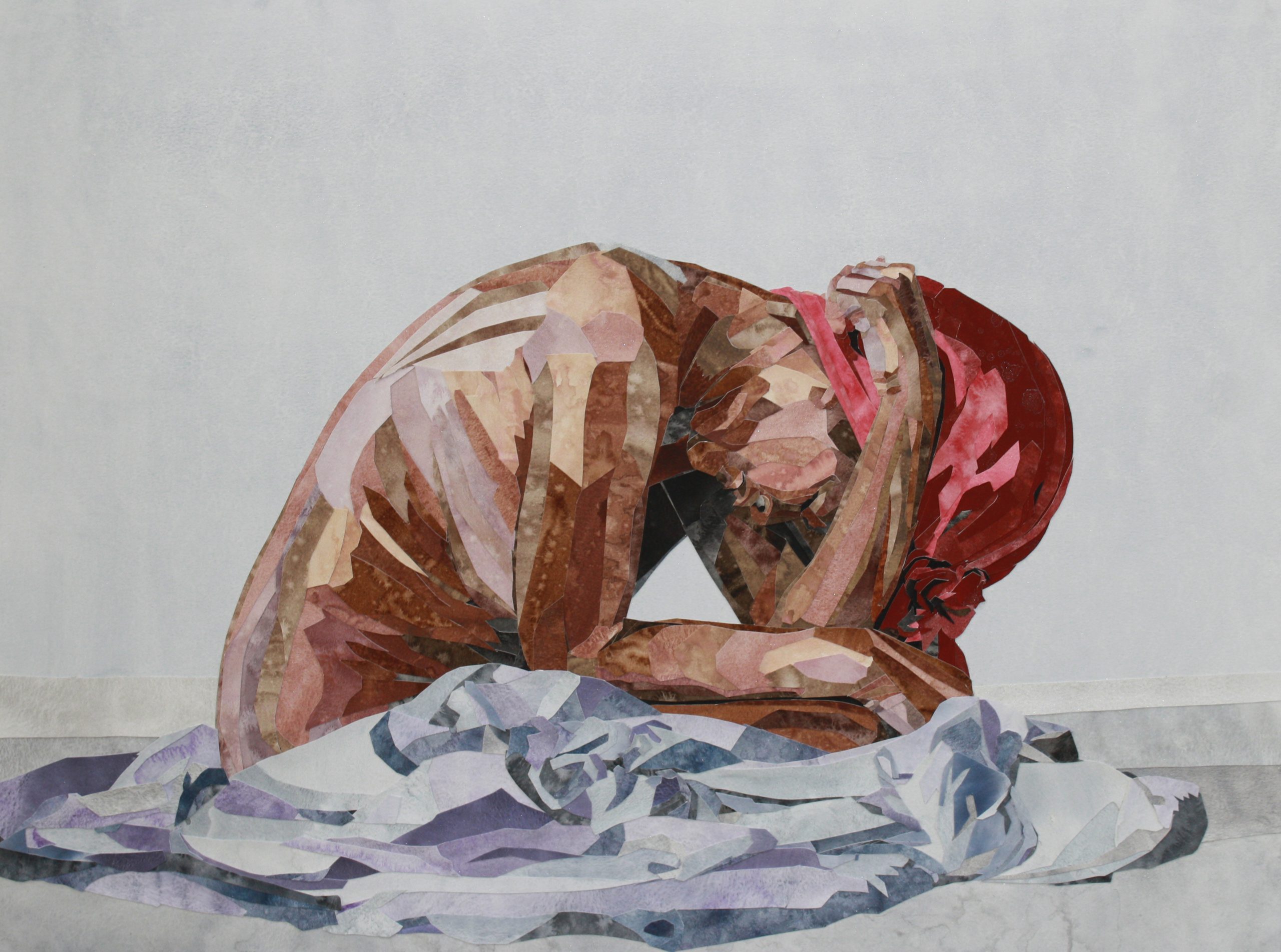 Image: Deep Water and Drowning Are Not The Same Thing by YoYo Lander, 2019. The mixed-media piece shows a nude woman with brown skin sitting with her head in her arms. She wears a red head wrap and sits on blue sheets. Image courtesy of the artist.