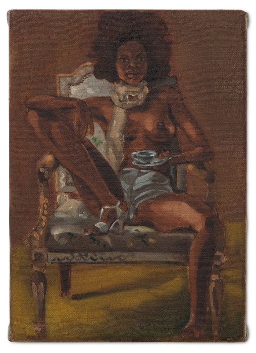 Image: Figure Holding a Little Teacup by Somaya Critchlow, 2019, oil on linen, 8.35 x 5.83". © 2019 Somaya Critchlow. The painting depicts a Black woman wearing blue shorts and matching heals. She is topless and holds blue teacup. She looks straight at the viewer. Image courtesy of the artist and Maximillian William, London. Photo: Kalory Photo & Video. 