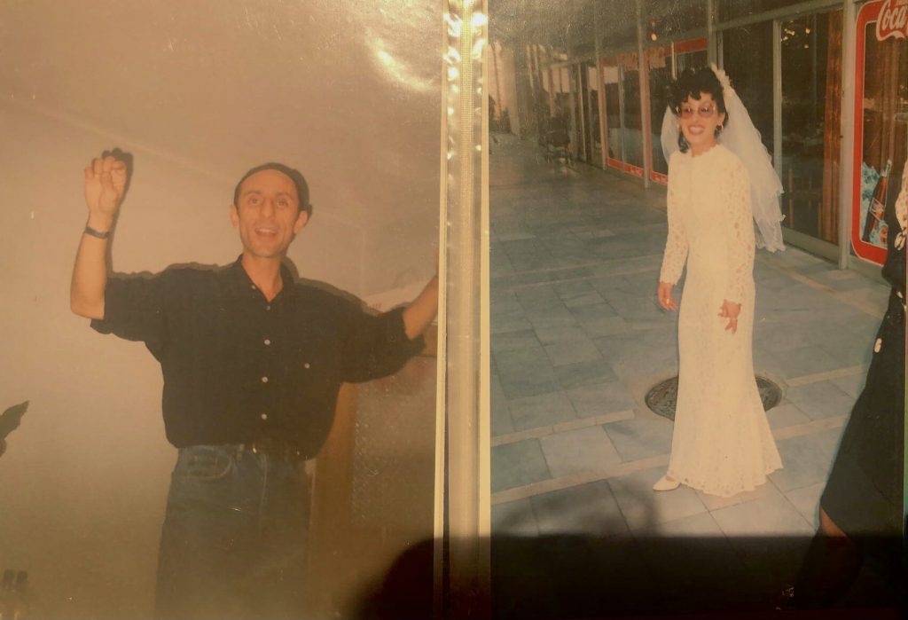 Image: Two photographs in a photo album. On the left is the author's father, mid-dance, against a white wall. He is smiling and his hands are raised. He is wearing a navy blue, short sleeve button-down and blue jeans. On the left is the author's mother on her wedding day. She is standing on a sidewalk, grinning at the camera. She wears a mermaid style, lace, high collar wedding dress, and her veil is on. Her curly, burgundy hair is in an undo. Image courtesy of the author.