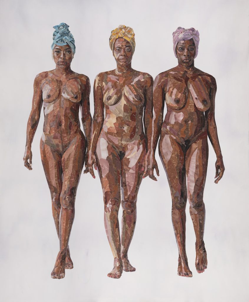 Image: How to Respond to Tear Gas by YoYo Lander, 2020. The mixed-media piece shows a three nude woman with brown skin standing together. They all three wear head wraps and look confidently at the viewer. Image courtesy of the artist.