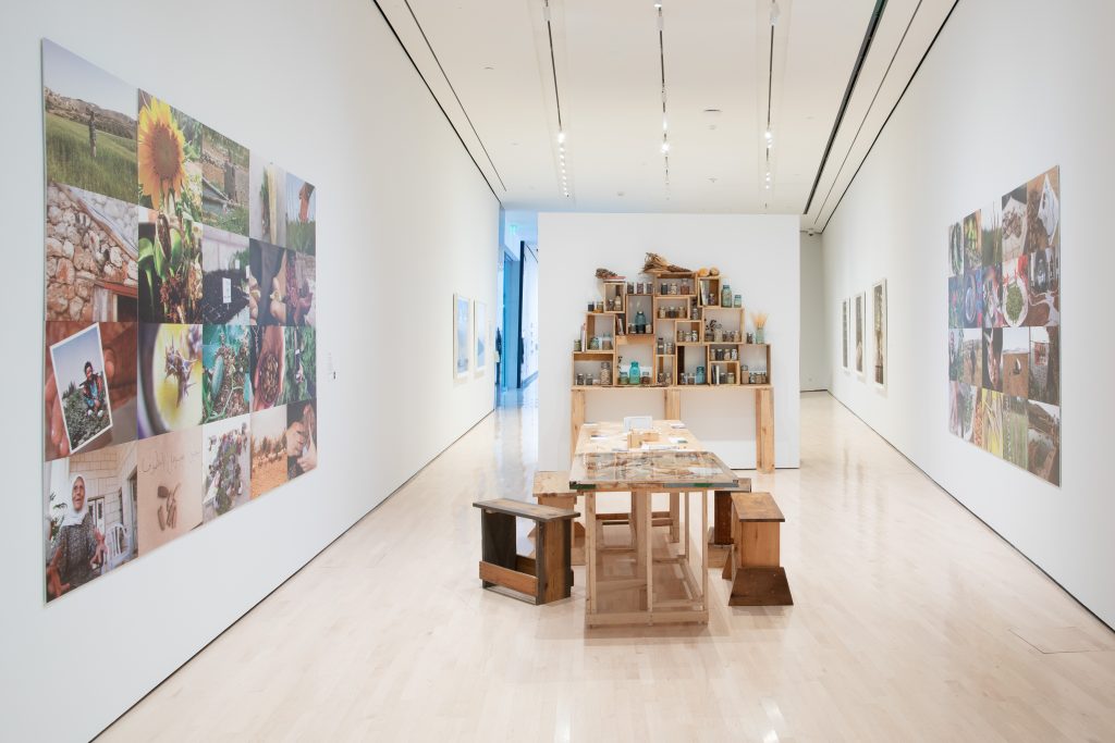 Image: Seeds of Resistance installation view at the Eli and Edythe Broad Art Museum at Michigan State University, 2021. In the center of the room lies a wooden table and benches, which is part of Vivien Sensor's project The Palestinian Heriloom Seed Library. Photographs are on view on the walls surrounding the piece, an an arrangement of jars of seeds is behind the table. Photo: Eat Pomegranate Photography. Image courtesy of the museum.