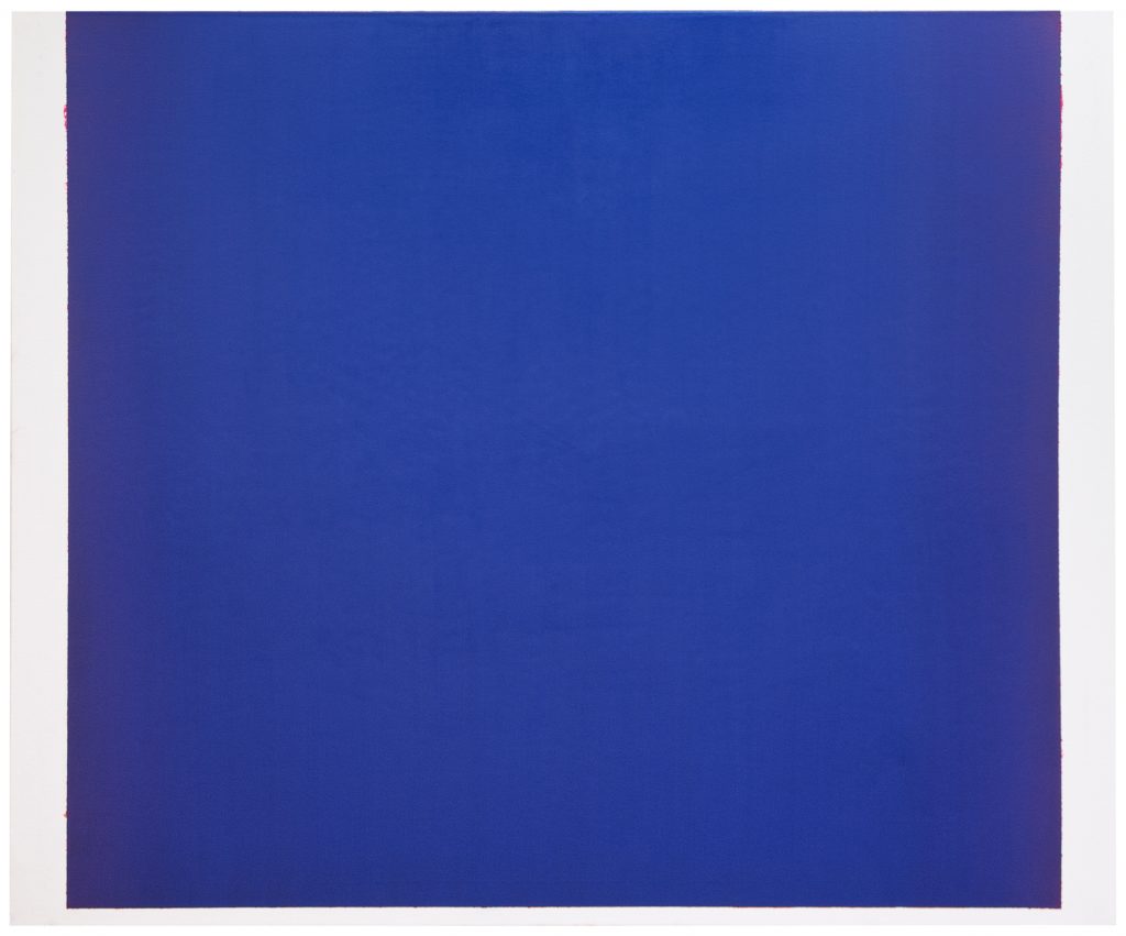 Image: Sergio Lucena, The Blue that embraces me, 2020, oil on canvas,  55.2 x 67 in. A square canvas completely covered a blue hue. Image courtesy of Mariane Ibrahim Gallery and the artist. 