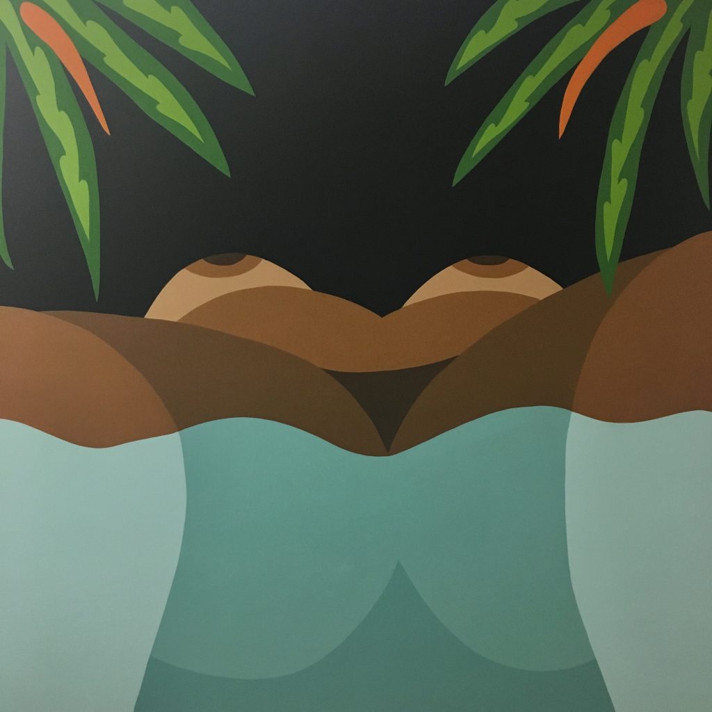 Image: Floating by Bianca Nemelc, acrylic on canvas, 2019. The painting shows a view of a nude woman with brown skin laying on her back in water. Image courtesy of the artist.