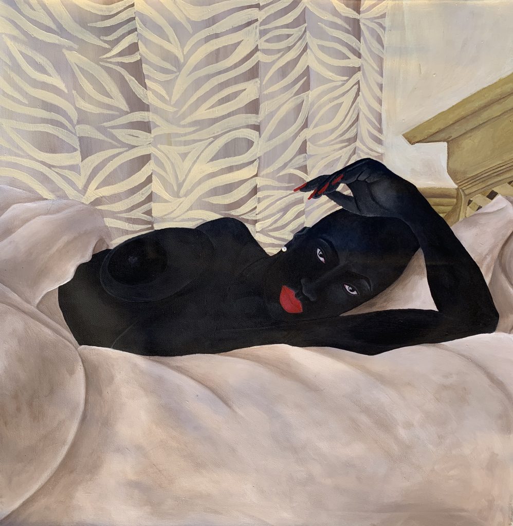 Image: Within Silence I, by Zandile Tshabalala, 2020, acrylic on canvas. A painting of a Black nude woman reclining on a bed with white sheets. Her lips and nails are bright red and she looks directly at the viewer.Image courtesy of the artist.